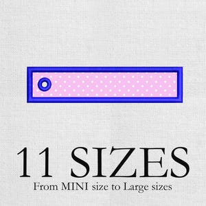 May include: A rectangular design with a blue border and a pink polka dot interior. A blue circle is on the left side. The text "11 SIZES" is below the design, with "From MINI size to Large sizes" underneath.