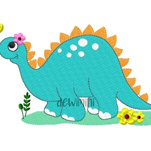 May include: A blue dinosaur with orange spikes and white spots, wearing a pink flower on its head, stands on green grass with yellow flowers and a yellow butterfly.