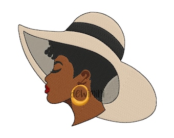 Diseño de bordado de rostro de mujer con sombrero afro, diseño de bordado de mujer africana con sombrero, diseño de bordado a máquina, 5 tamaños, descarga instantánea