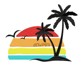 Summer Sunset Palm Tree Embroidery Design,   Palm Tree Embroidery Design, Sunset Embroidery Design, Machine Embroidery Design, 5 Sizes