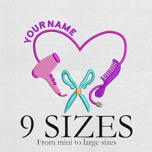 May include: An embroidered design featuring a purple heart with the text "YOUR NAME" above it. Inside the heart are a pink hairdryer, teal scissors, and a purple comb. The text "9 SIZES" and "From mini to large sizes" are below the heart.