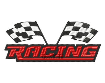 May include: Red embroidered "RACING" text with two black and white checkered flags above the text.