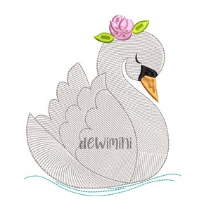May include: Embroidered design of a white swan with a pink flower on its head, swimming in blue water. The swan is facing left and has its head bent down. The design includes the text "dewimini".