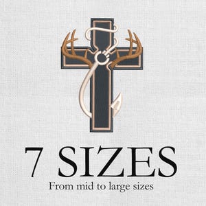 May include: Embroidered cross design featuring deer antlers and a fishing hook. The cross is black with a gold border, and the antlers are brown. The text "7 SIZES" is displayed below the cross, with the text "From mid to large sizes" underneath.