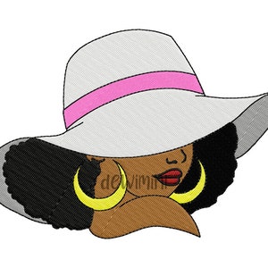 May include: A woman with dark curly hair is wearing a white sun hat with a pink band and large gold hoop earrings.