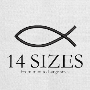 May include: Black embroidered Ichthys symbol on a white background. The text "14 SIZES" is below the symbol, with the text "From mini to Large sizes" underneath. The design is suitable for various projects.