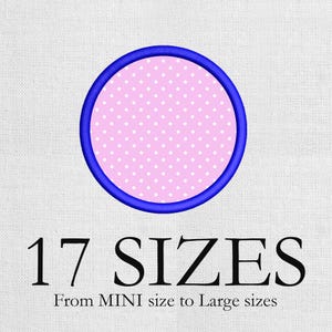 May include: A circular design with a blue border and a pink polka-dot interior. The text "17 SIZES" is displayed below the circle, with the phrase "From MINI size to Large sizes" underneath.