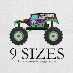 May include: Embroidered monster truck design in green, black, and purple, with the word "GRAVE" on top. The truck has large black wheels with green accents. The text "9 SIZES" and "From mini to large sizes" are below the truck.