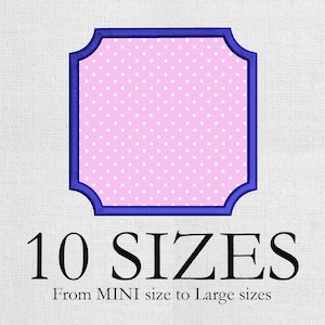 May include: A square-shaped design with rounded corners, featuring a pink polka-dot pattern within a dark blue border. The text "10 SIZES" is displayed below the design, with the text "From MINI size to Large sizes" underneath.
