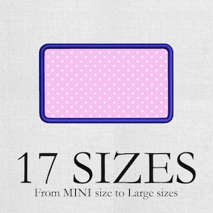 May include: A rectangular patch with a blue border and a pink polka dot pattern. The text "17 SIZES" is below the patch, with the words "From MINI size to Large sizes" underneath.