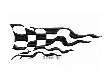 May include: Black and white checkered flag with a flame design. The flag is waving in the wind.