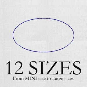 Peut inclure: Un ovale bleu sur fond blanc. En dessous, le texte indique "12 TAILLES" et "De la taille MINI aux grandes tailles". L'image suggère un produit avec plusieurs options de tailles.