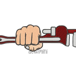 May include: A cartoon illustration of a hand holding a red adjustable wrench.