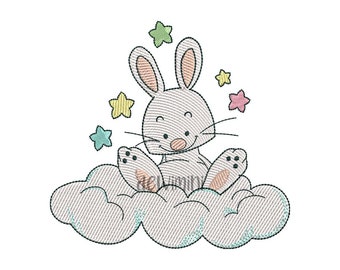 May include: A cute gray bunny rabbit with pink ears sits on a fluffy white cloud with colorful stars around it.