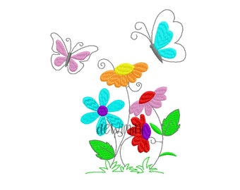 Flower and butterfly garden embroidery designs, Spring flowers embroidery design, machine embroidery pattern, Tea towel embroidery,  5 Sizes