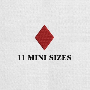 May include: A red embroidered diamond shape centered on a white fabric background. Below the diamond, the text 11 MINI SIZES is printed in a bold, black, serif font. The embroidery features a dense, textured stitch pattern throughout the shape.
