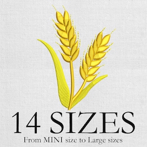 Könnte beinhalten: Gesticktes Design von zwei goldenen Weizenähren mit grünen Blättern. Der Text "14 SIZES" ist in Schwarz dargestellt, darunter der Text "From MINI size to Large sizes". Das Design befindet sich auf weißem Hintergrund.