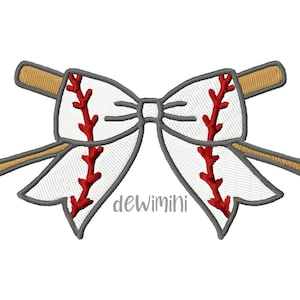 May include: A white bow with a baseball stitch design and two crossed wooden baseball bats. The bow is tied in a knot and the bats are crossed behind the bow. The text "dewimini" is printed below the bow.