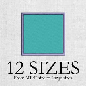 May include: A square teal design with a lavender border is centered on a white background. Below the design, the text reads "12 SIZES" in a bold, black font, followed by "From MINI size to Large sizes."