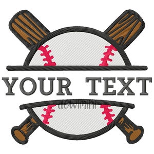 May include: Baseball-themed split monogram design with two crossed bats and a baseball in the center. The text "YOUR TEXT" is displayed in a split circle below the baseball.