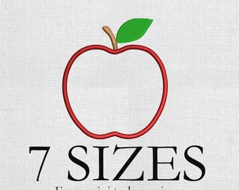 Puede incluir: Un contorno de manzana roja con un tallo marrón y una hoja verde. Debajo de la manzana, el texto dice "7 SIZES" y "From mini to large sizes" en negro. El diseño está sobre un fondo blanco.