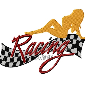 Op de afbeelding: Rode "Racing" tekst met een geblokte vlag en een geel silhouet van een persoon die op de vlag zit.