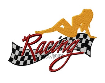 May include: Red "Racing" text with a checkered flag and a yellow silhouette of a person sitting on the flag.