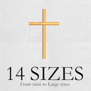 Puede incluir: Una cruz dorada sobre un fondo blanco. El texto "14 SIZES" está debajo de la cruz, con "From mini to Large sizes" debajo. La cruz está centrada y tiene un diseño simple y limpio.
