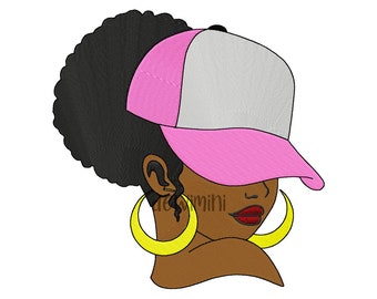 Afro Woman Embroidery Design, Afro Woman Face Embroidery Design, African Woman in Hat Embroidery Design 103, 5 Sizes