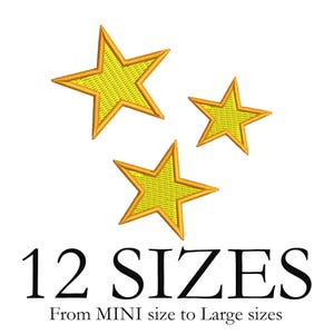 May include: Three yellow embroidered stars with gold borders arranged in a cluster. Below the stars, the text reads 12 SIZES in large black capital letters, followed by the smaller text From MINI size to Large sizes in black font.