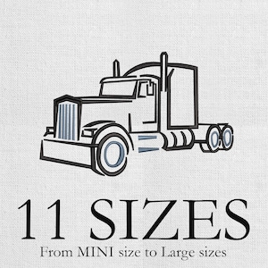 May include: An embroidery design featuring a black outline of a semi-truck with blue accents on the wheels and grille. Below the truck, the text reads 11 SIZES From MINI size to Large sizes in a black serif font on a white textured background.