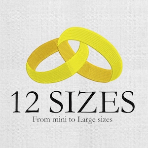 May include: Two interlocking yellow rings, possibly wedding bands, are shown against a white backdrop. The text below reads "12 SIZES" and "From mini to Large sizes."