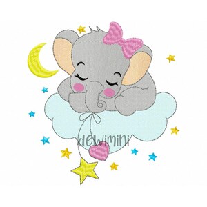 May include: A gray elephant with pink cheeks and a pink bow sleeps on a blue cloud. A yellow crescent moon and yellow stars are in the background. A yellow star and a pink heart are attached to the cloud with a string.