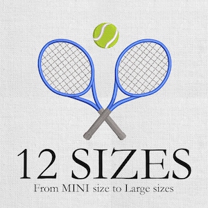 May include: Embroidered design featuring two blue tennis rackets crossed at the handles, with a green and white tennis ball above. The text "12 SIZES" is displayed below, with "From MINI size to Large sizes" underneath.