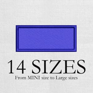 May include: A blue rectangular patch with a textured fill and a dark blue border. Below the patch, the text reads "14 SIZES" and "From MINI size to Large sizes" in black.