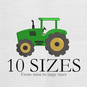 May include: Green tractor illustration with black and yellow wheels, a black smokestack, and a green cab. The text "10 SIZES" is below the tractor, with "From mini to large sizes" underneath.