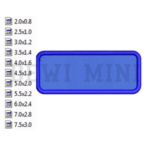 May include: A blue rectangular patch with rounded corners, featuring the text "WI MIN" in a lighter blue. Various size options are listed, ranging from 5.1 x 2.0 cm to 19.1 x 7.6 cm. The patch has a textured appearance.