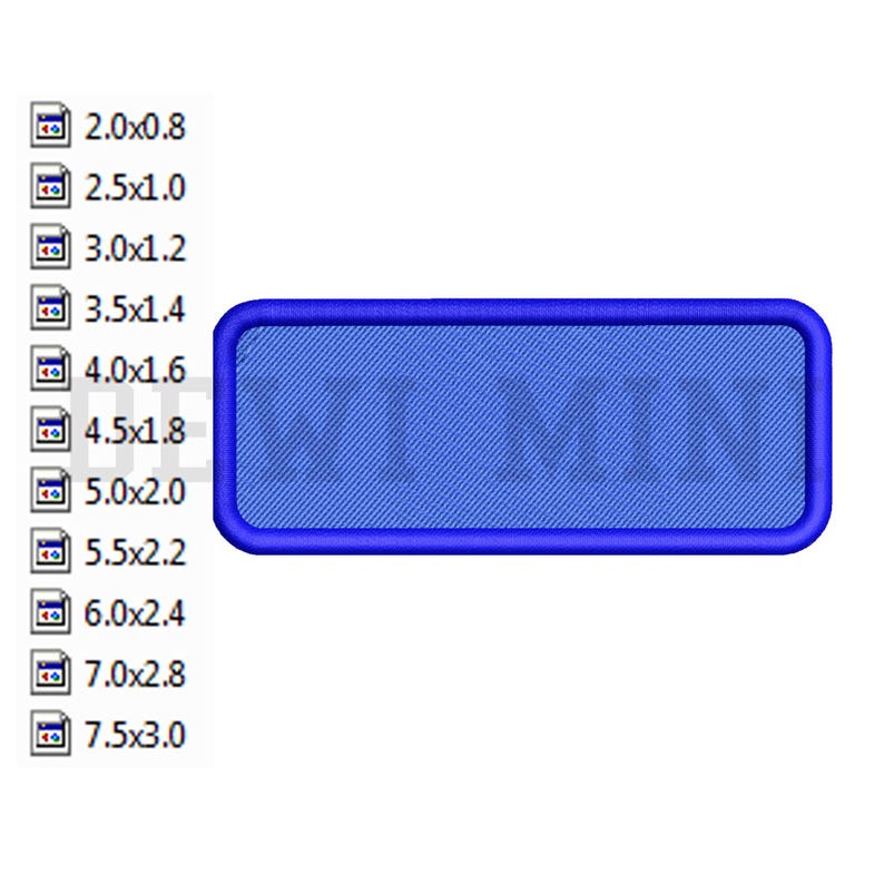 May include: A blue rectangular patch with rounded corners, featuring the text "WI MIN" in a lighter blue. Various size options are listed, ranging from 5.1 x 2.0 cm to 19.1 x 7.6 cm. The patch has a textured appearance.