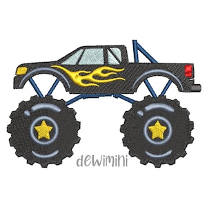 May include: Black monster truck with yellow flames on the side and a yellow star on each tire.