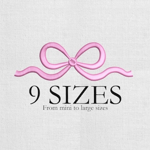 May include: A pink bow embroidery design with the text "9 SIZES" and "From mini to large sizes" in black. The bow is centered and has a detailed, stitched appearance. The background is a textured, off-white fabric.