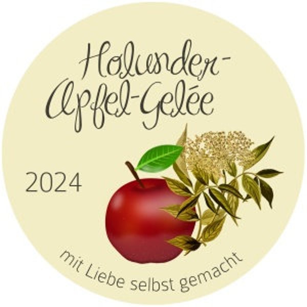 Holunder-Apfel-Gelée Marmelade Etiketten - Laserdruck, fertig ausgestanzt, Durchmesser 5 cm