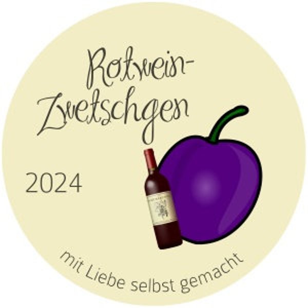 Rotwein-Zwetschgen Etiketten - Laserdruck, fertig ausgestanzt, Durchmesser 5 cm