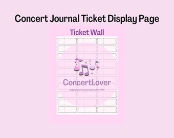 Może przedstawiać: Strona do wydrukowania z siatką stubów biletów do dziennika koncertowego. Strona ma różowe tło z tekstem "Ticket Wall" i "ConcertLover" w kolorze fioletowym. Tekst "Helping you live your best concert life!" również jest fioletowy.