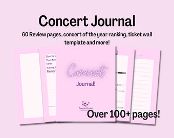 Może przedstawiać: Różowo-biały dziennik koncertowy z tekstem "Concert Journal" i "Ponad 100+ stron!" Dziennik zawiera 60 stron recenzji, ranking koncertów roku, szablon ściany biletów i wiele więcej.