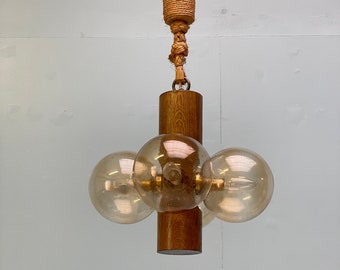 Vintage pendant lamp in bubble glass and wood by Kaiser Leuchten, Germany 1950s