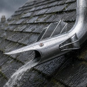 Visvormige waterspuwer, zinken dakgoot, gebogen regenpijp, decoratieve dakafvoer, schuine uitlaat.