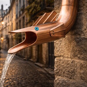 Handgemaakte koperen waterspuwer – decoratief visgootornament voor dak, tuin of fontein – Ø 60/80/100 mm