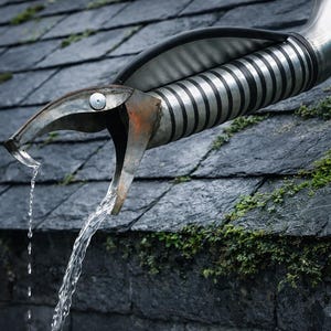 Op de afbeelding: Een decoratieve metalen regenpijp in de vorm van een slangenkop, waar water uit stroomt. De pijp is bevestigd op een donkergrijs leistenen dak met groene mos.