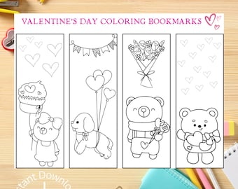 Valentine's Day Coloring Bookmarks – Printable Kids Activity (Digital Download)
