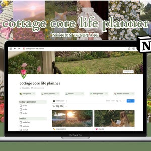 Cottage Core Aesthetic Notion Life Planner, Fairy Core Notion Meal Organiser, Cute Green Notion Dashboard, That Girl iPad Calendar